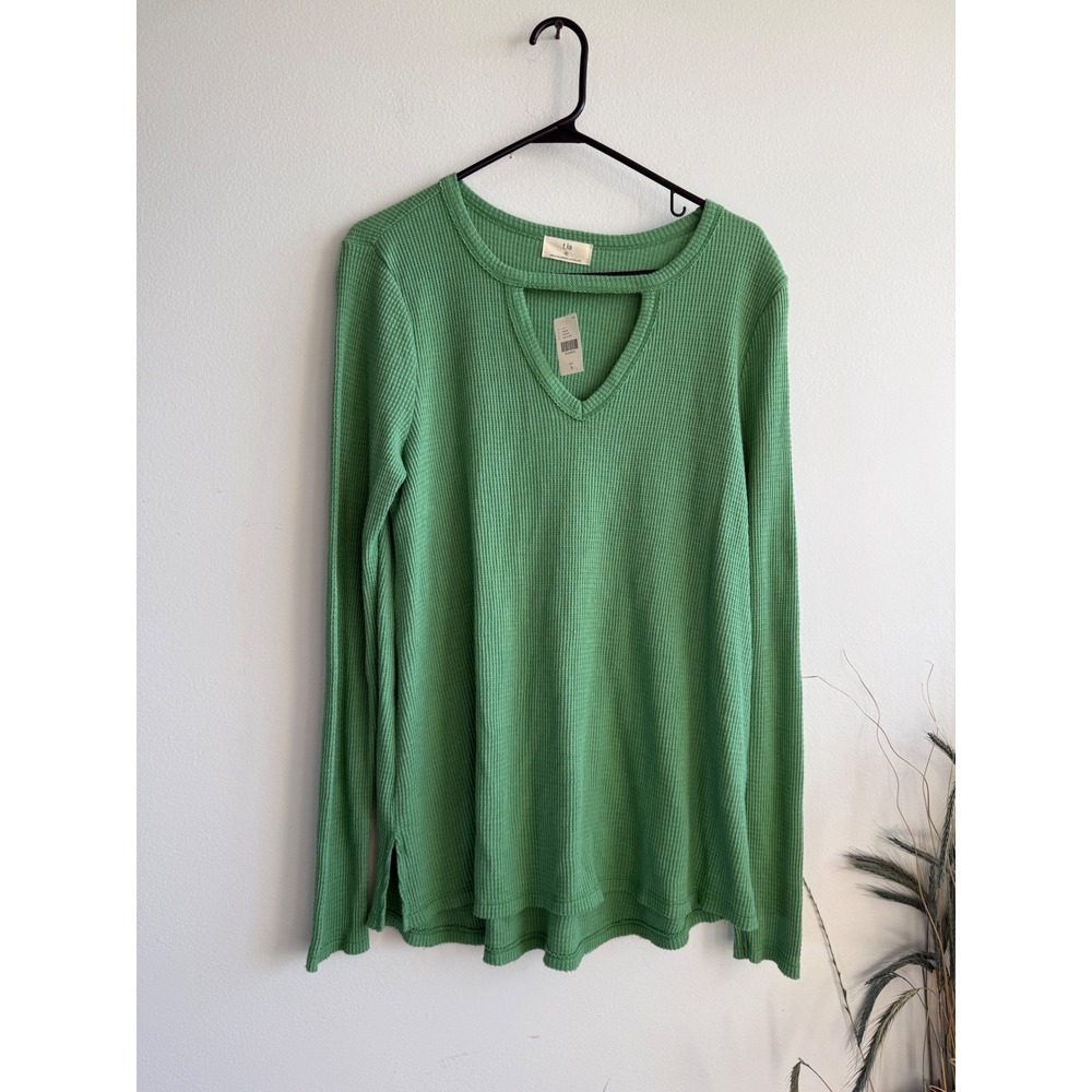 Anthropologie t.la Green Waffle Knit Thermal Cutout Neck Top Small NWT